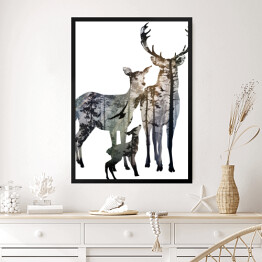 Obraz w ramie Rodzina jeleni na białym tle