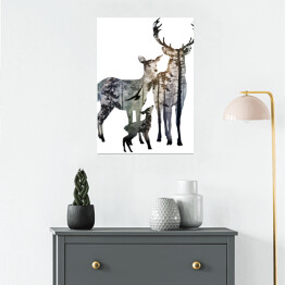 Plakat Rodzina jeleni na białym tle