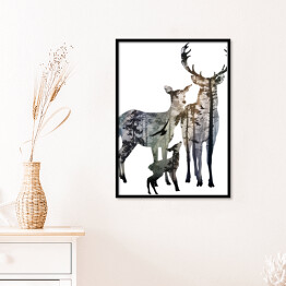 Plakat w ramie Rodzina jeleni na białym tle
