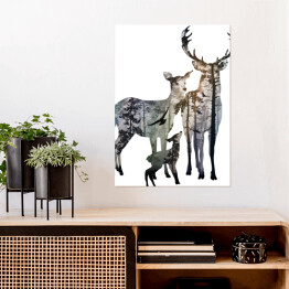 Plakat Rodzina jeleni na białym tle