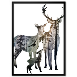 Plakat w ramie Rodzina jeleni na białym tle