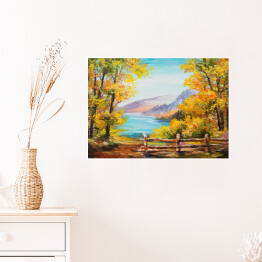 Plakat samoprzylepny Obraz olejny - las zasłaniający górski pejzaż