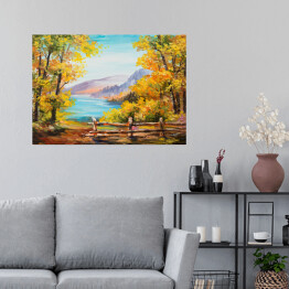 Plakat samoprzylepny Obraz olejny - las zasłaniający górski pejzaż