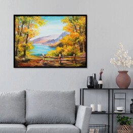 Plakat w ramie Obraz olejny - las zasłaniający górski pejzaż