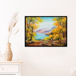 Plakat w ramie Obraz olejny - las zasłaniający górski pejzaż
