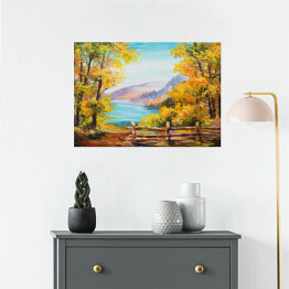 Plakat Obraz olejny - las zasłaniający górski pejzaż