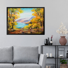 Obraz w ramie Obraz olejny - las zasłaniający górski pejzaż