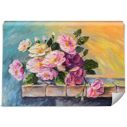 Fototapeta Martwa natura - różowe kwiaty na drewnianym stole