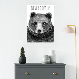 Plakat samoprzylepny "Nigdy się nie poddawaj, bądź silny" - typografia z czarnym niedźwiedziem