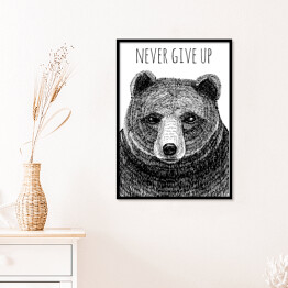 Plakat w ramie "Nigdy się nie poddawaj, bądź silny" - typografia z czarnym niedźwiedziem