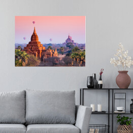Plakat samoprzylepny Bagan na tle różowego wschodu słońca, Myanmar