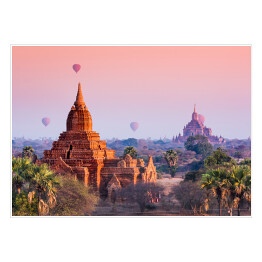 Plakat samoprzylepny Bagan na tle różowego wschodu słońca, Myanmar