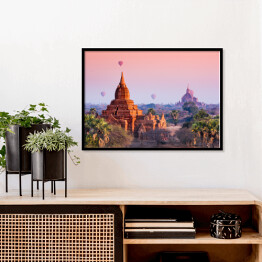 Plakat w ramie Bagan na tle różowego wschodu słońca, Myanmar