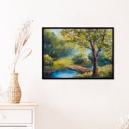 Plakat w ramie Obraz olejny - rzeka w lesie wiosną