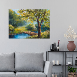 Plakat Obraz olejny - rzeka w lesie wiosną