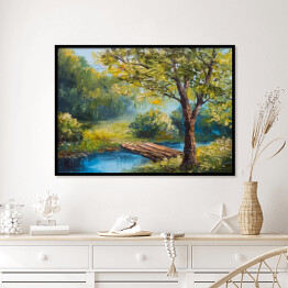 Plakat w ramie Obraz olejny - rzeka w lesie wiosną