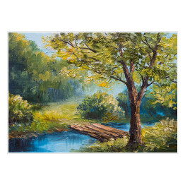 Plakat samoprzylepny Obraz olejny - rzeka w lesie wiosną