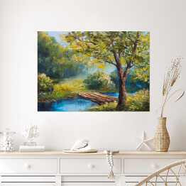 Plakat Obraz olejny - rzeka w lesie wiosną