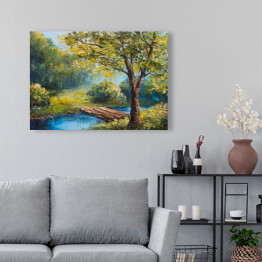 Obraz na płótnie Obraz olejny - rzeka w lesie wiosną