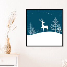 Plakat w ramie Bożenarodzeniowy las z jeleniem i spadającą gwiazdą