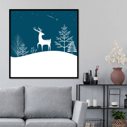 Plakat w ramie Bożenarodzeniowy las z jeleniem i spadającą gwiazdą