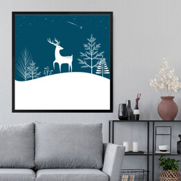 Obraz w ramie Bożenarodzeniowy las z jeleniem i spadającą gwiazdą