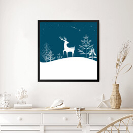 Obraz w ramie Bożenarodzeniowy las z jeleniem i spadającą gwiazdą
