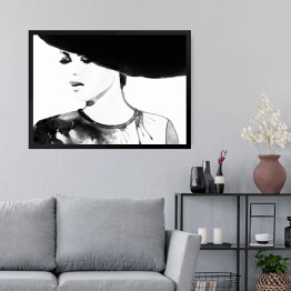 Obraz w ramie Portret kobiety z długimi rzęsami w kapeluszu - akwarela