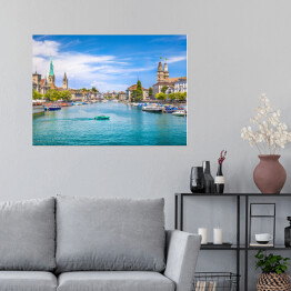 Plakat samoprzylepny Centrum miasta Zurych, rzeka Limmat, Szwajcaria
