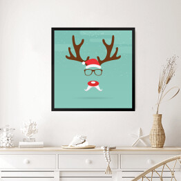 Obraz w ramie Bożonarodzeniowy renifer z czerwonym nosem na niebieskim tle