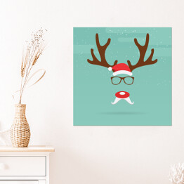 Plakat samoprzylepny Bożonarodzeniowy renifer z czerwonym nosem na niebieskim tle