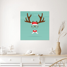 Plakat samoprzylepny Bożonarodzeniowy renifer z czerwonym nosem na niebieskim tle