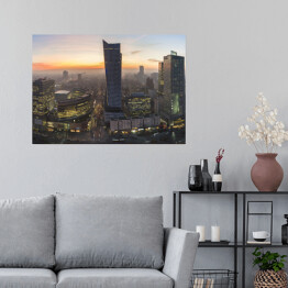 Plakat samoprzylepny Panorama Warszawy podczas jesiennego zachodu słońca