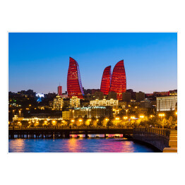 Plakat samoprzylepny Nocny widok na Flame Towers w Baku