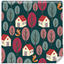 Tapeta samoprzylepna w rolce Kolorowe drzewa, domy i lisy