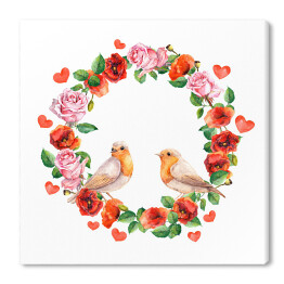 Dwa ptaki, kwiaty róży i maku - akwarela