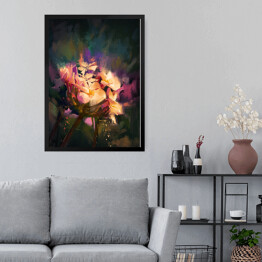 Obraz w ramie Kolorowe rozświetlone kwiaty na ciemnym tle