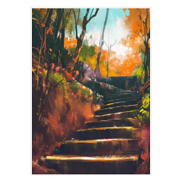 Plakat samoprzylepny Kamienne schodki w jesiennym lesie