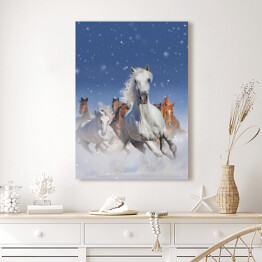 Obraz na płótnie Stado koni biegnących szybko w śniegu