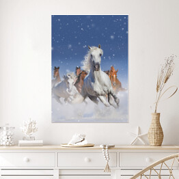 Plakat Stado koni biegnących szybko w śniegu