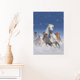 Plakat samoprzylepny Stado koni biegnących szybko w śniegu
