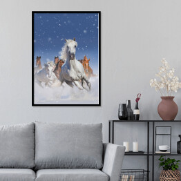 Plakat w ramie Stado koni biegnących szybko w śniegu