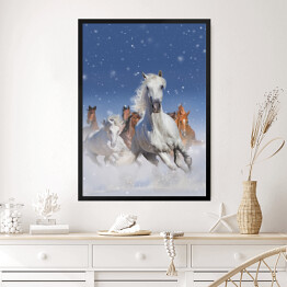 Obraz w ramie Stado koni biegnących szybko w śniegu