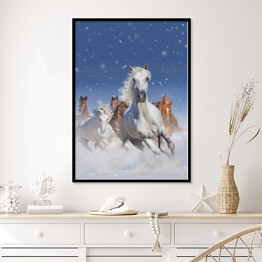 Plakat w ramie Stado koni biegnących szybko w śniegu