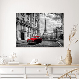 Plakat samoprzylepny Czerwona limuzyna, w tle Wieża Eiffla we Francji