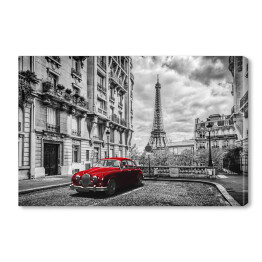  Czerwona limuzyna, w tle Wieża Eiffla we Francji