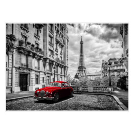 Plakat samoprzylepny Czerwona limuzyna, w tle Wieża Eiffla we Francji