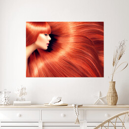 Plakat samoprzylepny Kobieta z długimi czerwonymi włosami jako tło