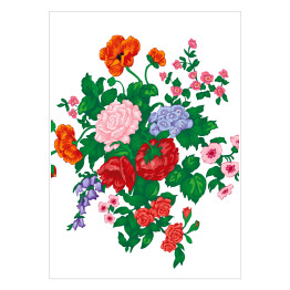 Bukiet z czerwoną różą, maczkami, dzikimi kwiatami i zielonymi liśćmi na białym tle
