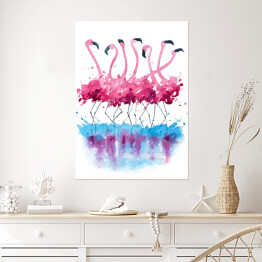 Plakat samoprzylepny Akwarelowe stado flamingów na białym tle
